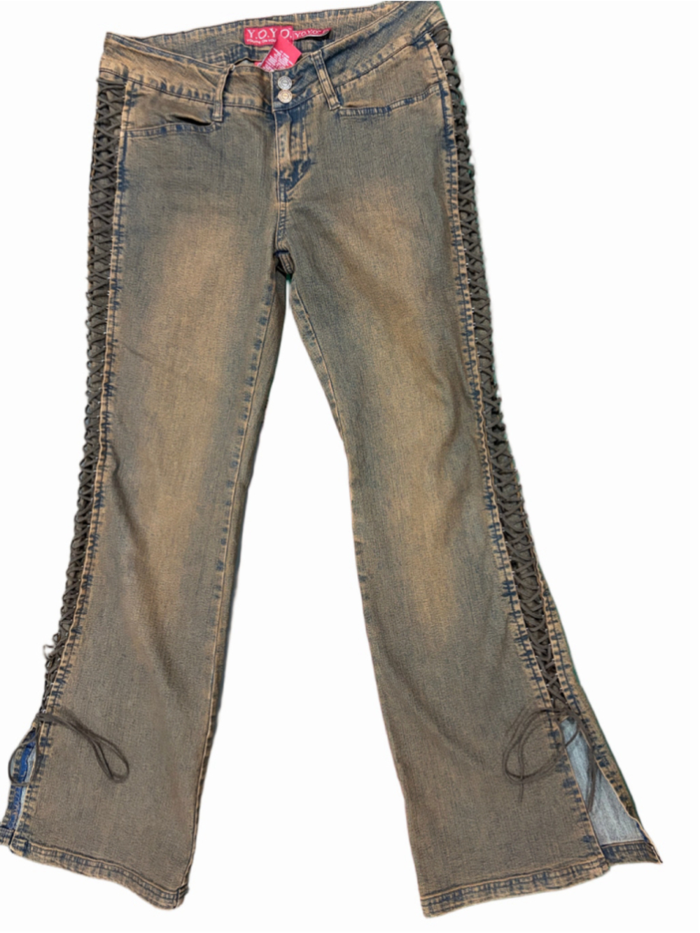 Y2K Y.O.Y.O. Lace-Up Corset Side Flare Jeans Sz 13 Tan Wash Bootcut